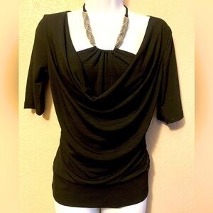 IZ CALIFORNIA Black Scoop Neck Embellished Scrunch Blouse